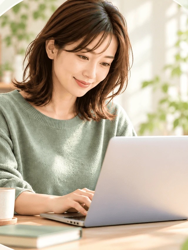 自宅のテーブルでノートパソコンに向かい、ほほえみながら学ぶ人物のイメージ